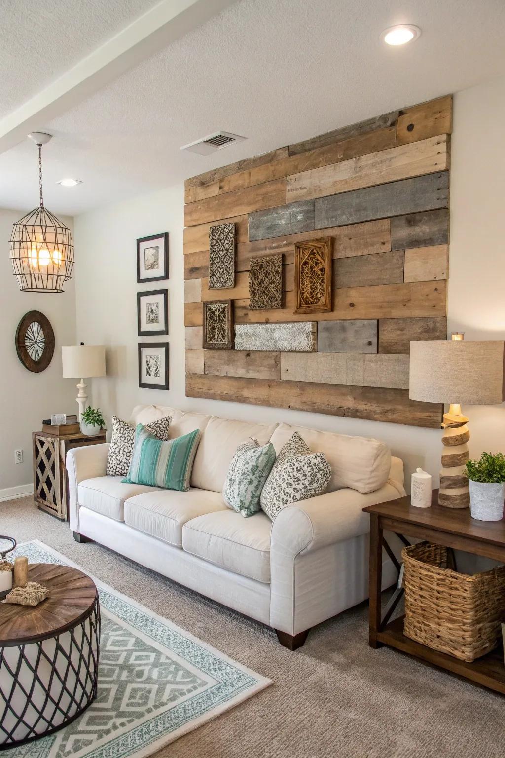 Upcycled home decor items like reclaimed wood wall art in a stylish living room.