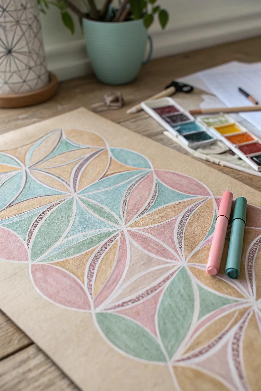 Transform your space with the serenity of geometric oil pastel art.