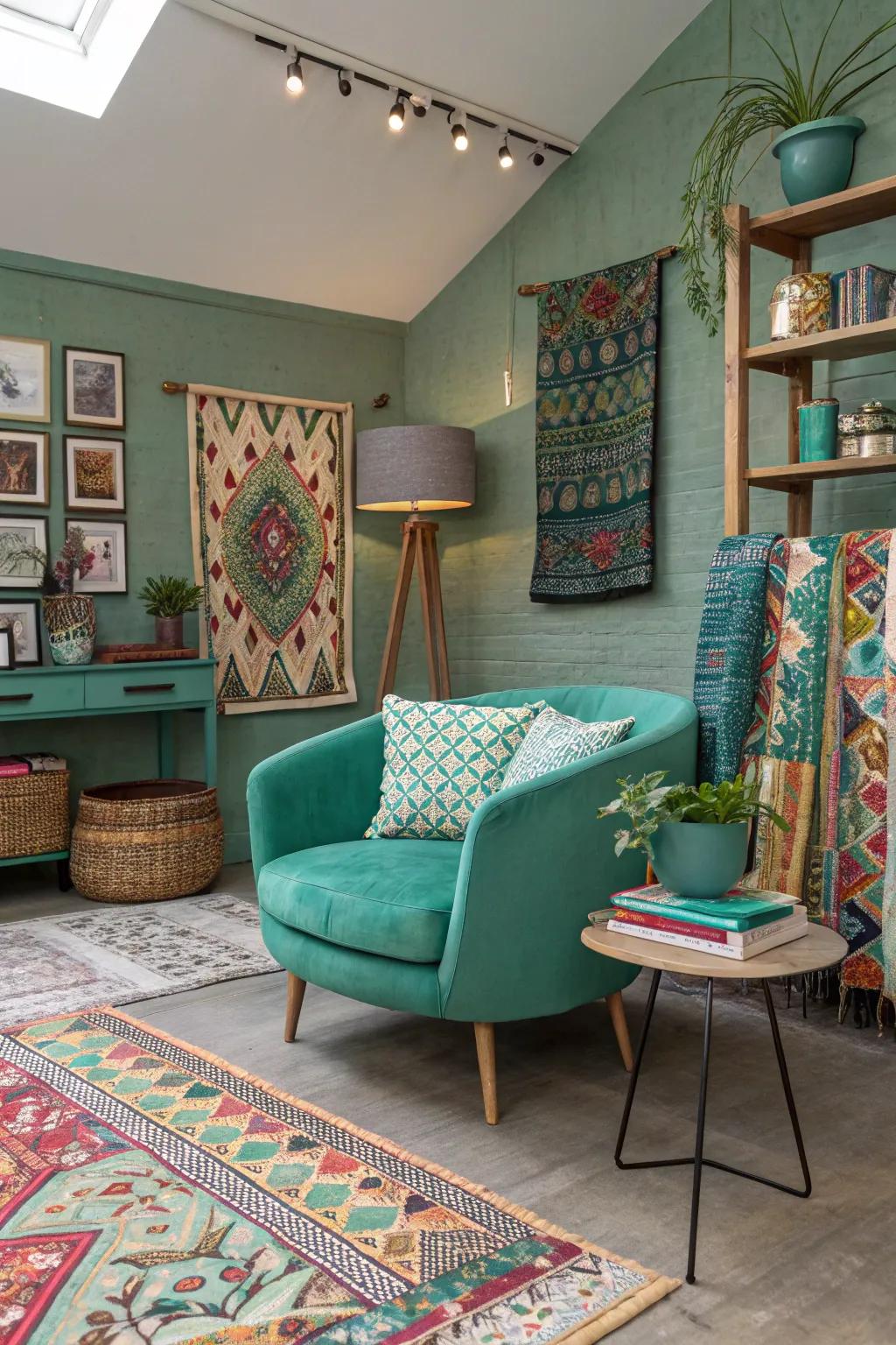 A vibrant studio with dynamic sage green and teal hues.