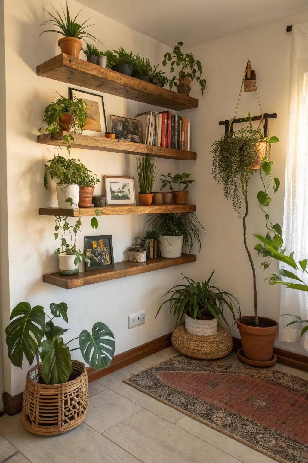 Floating shelves offer modern storage solutions for corner spaces.