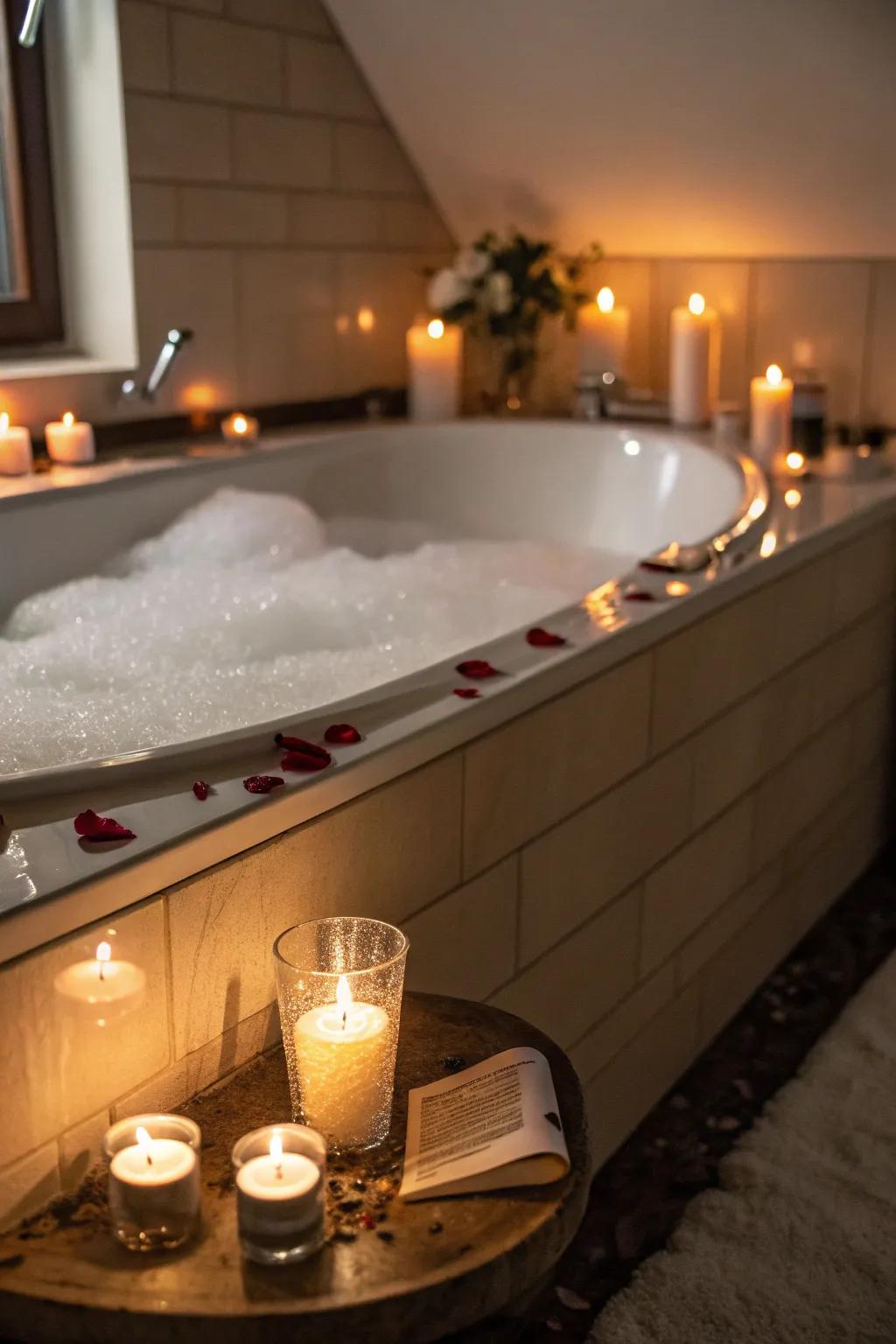 Set a romantic mood with soft lighting and candles around your tub.