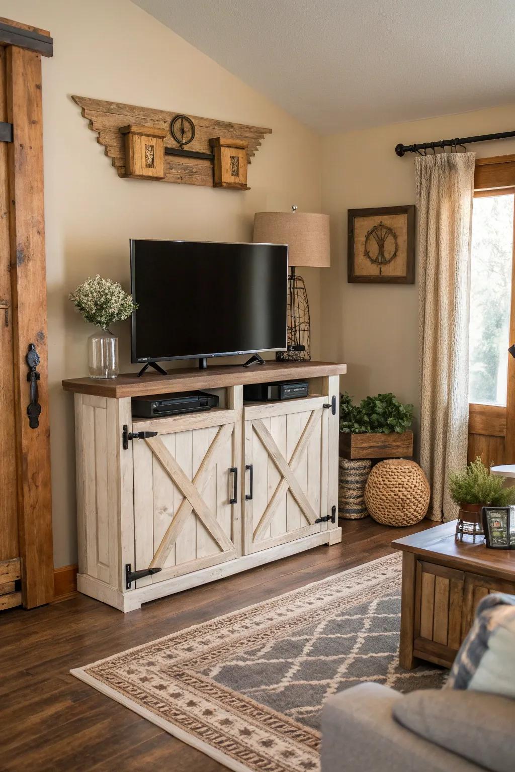 Farmhouse-style TV stands add rustic charm and warmth.