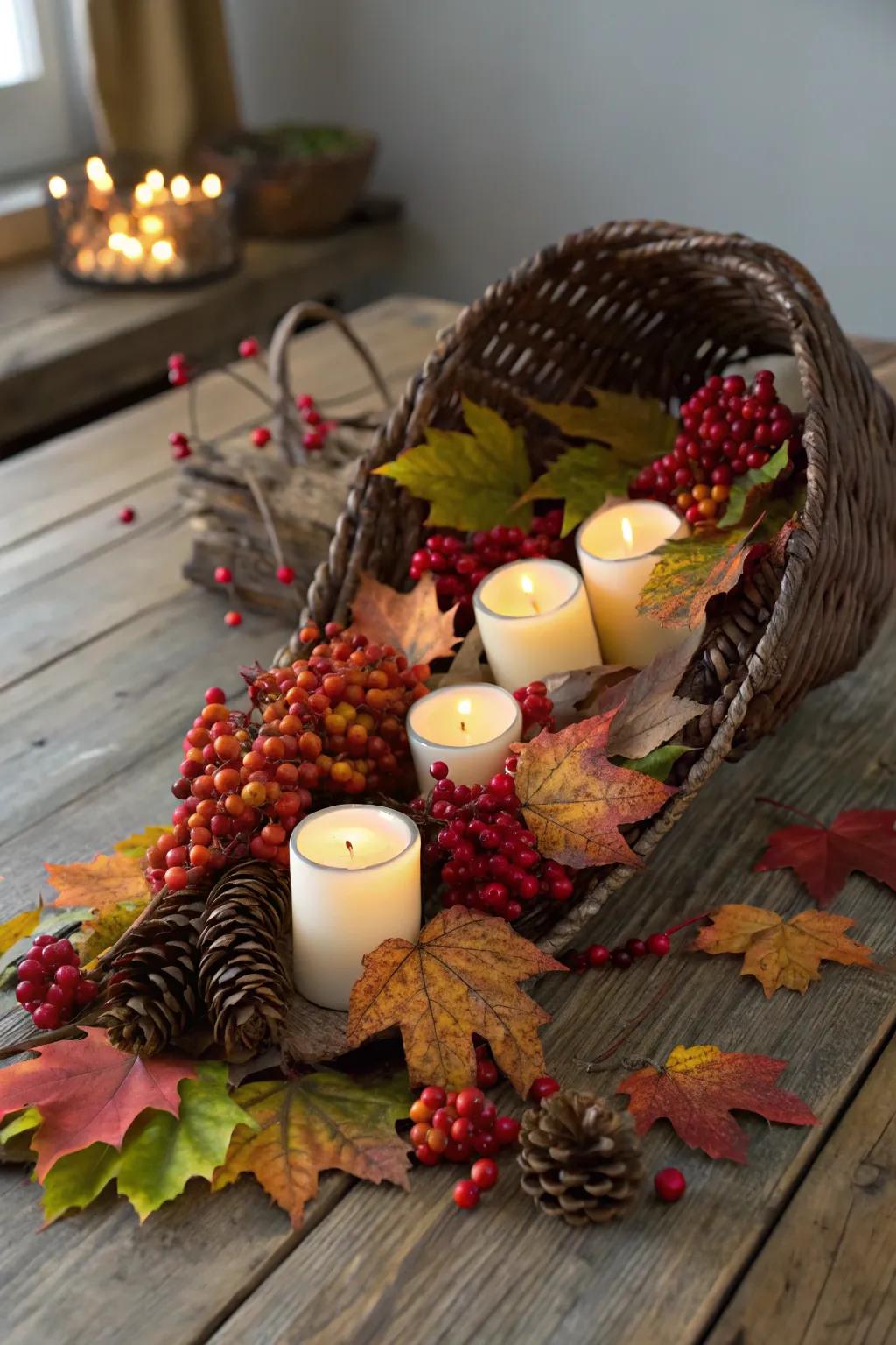 Illuminate your autumn table with a Cornucopia Candle Centerpiece, where simplicity meets natural elegance.
