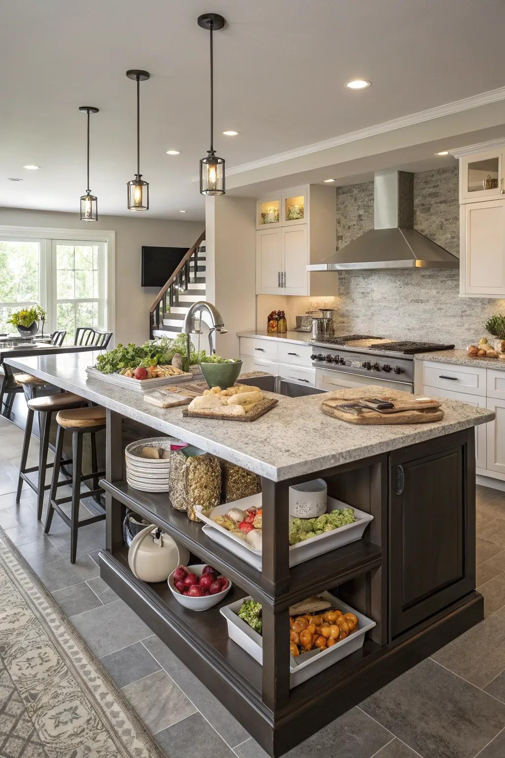 Multi-level counters separate kitchen tasks with style and functionality.