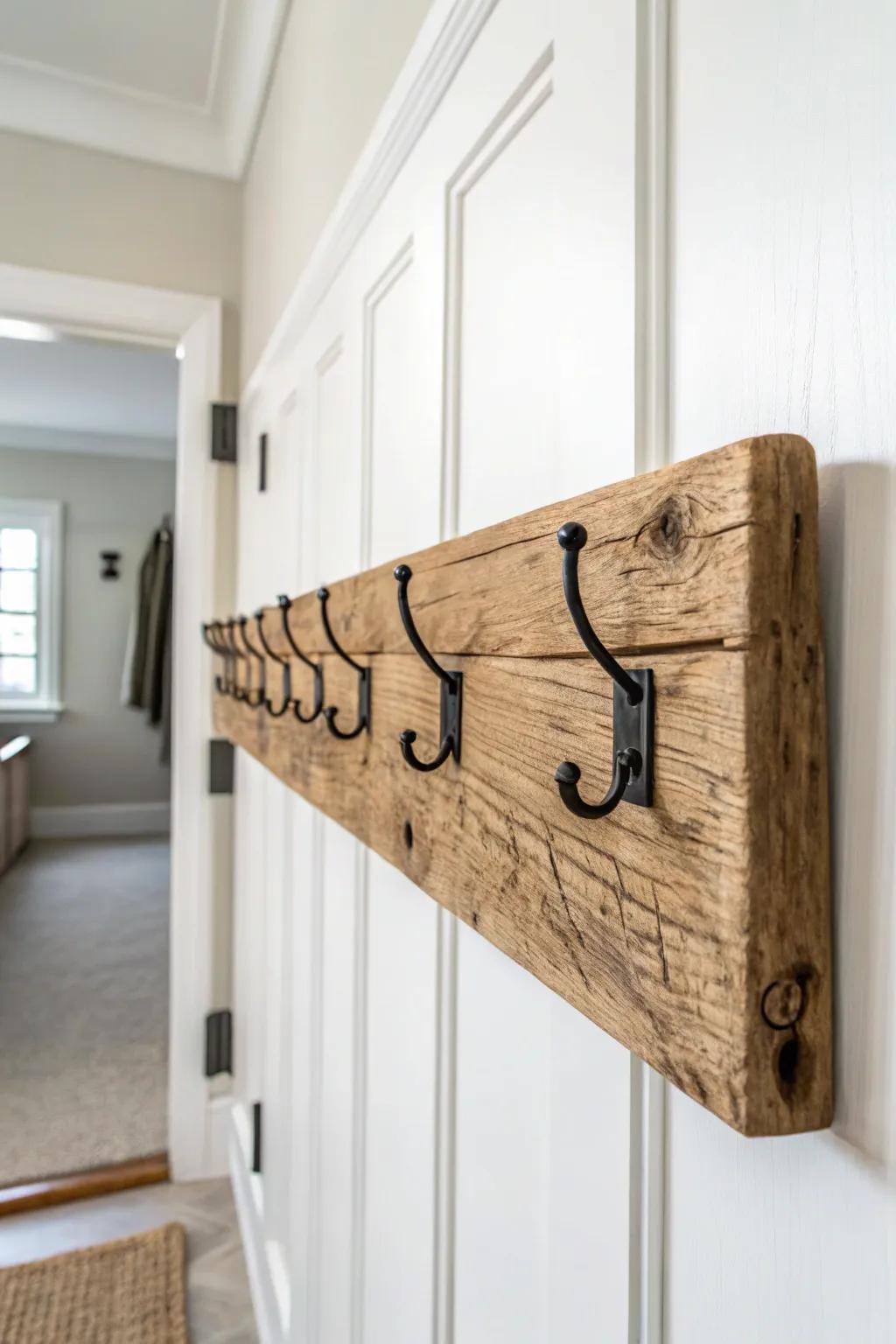 Embrace rustic elegance with a reclaimed wood coat rack that brings both style and functionality to your entryway.