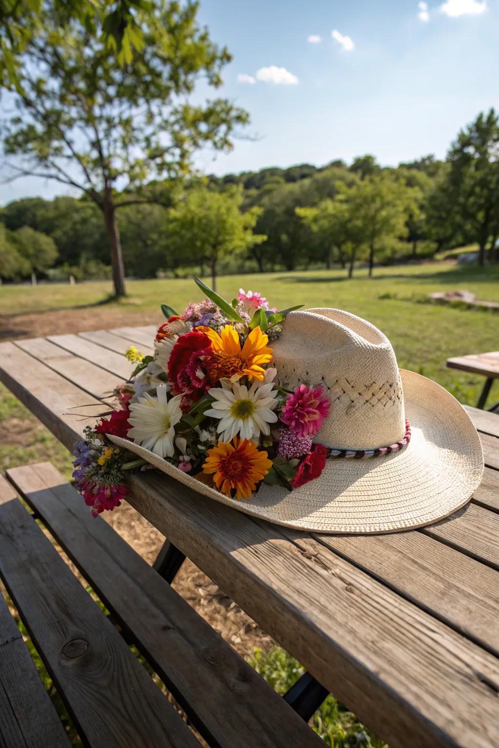 A cowgirl hat centerpiece makes a bold and charming statement.