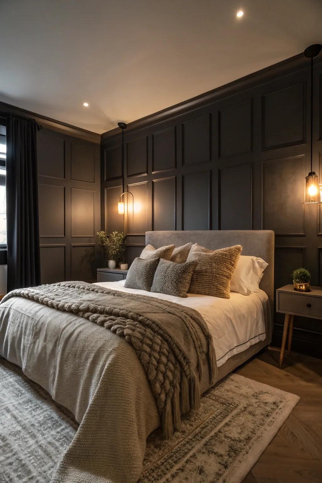 Dark walls add a dramatic and cozy touch to this bedroom.