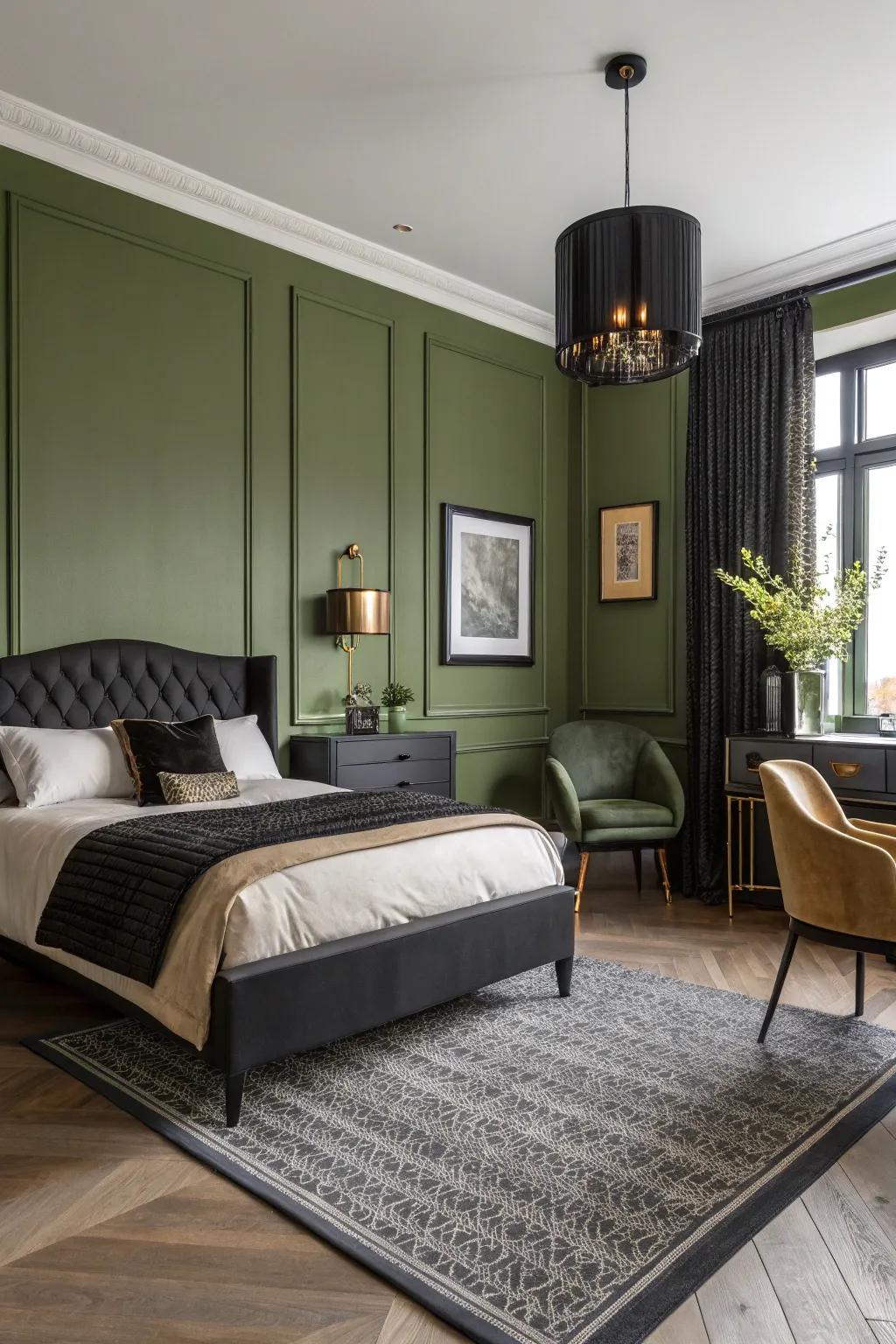 Black accents add a modern and sophisticated contrast to olive green.