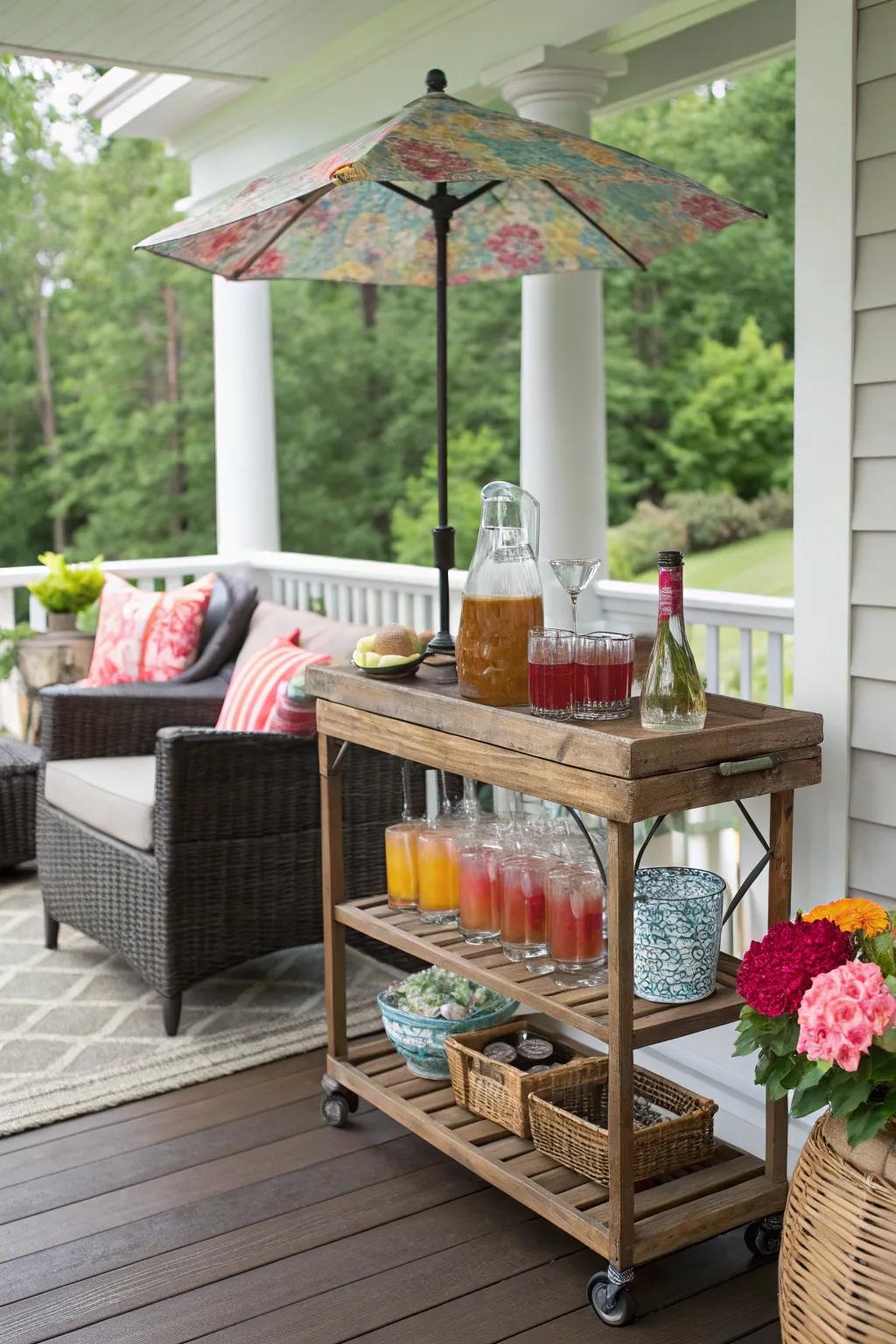 A beverage station adds convenience and style to porch entertaining.