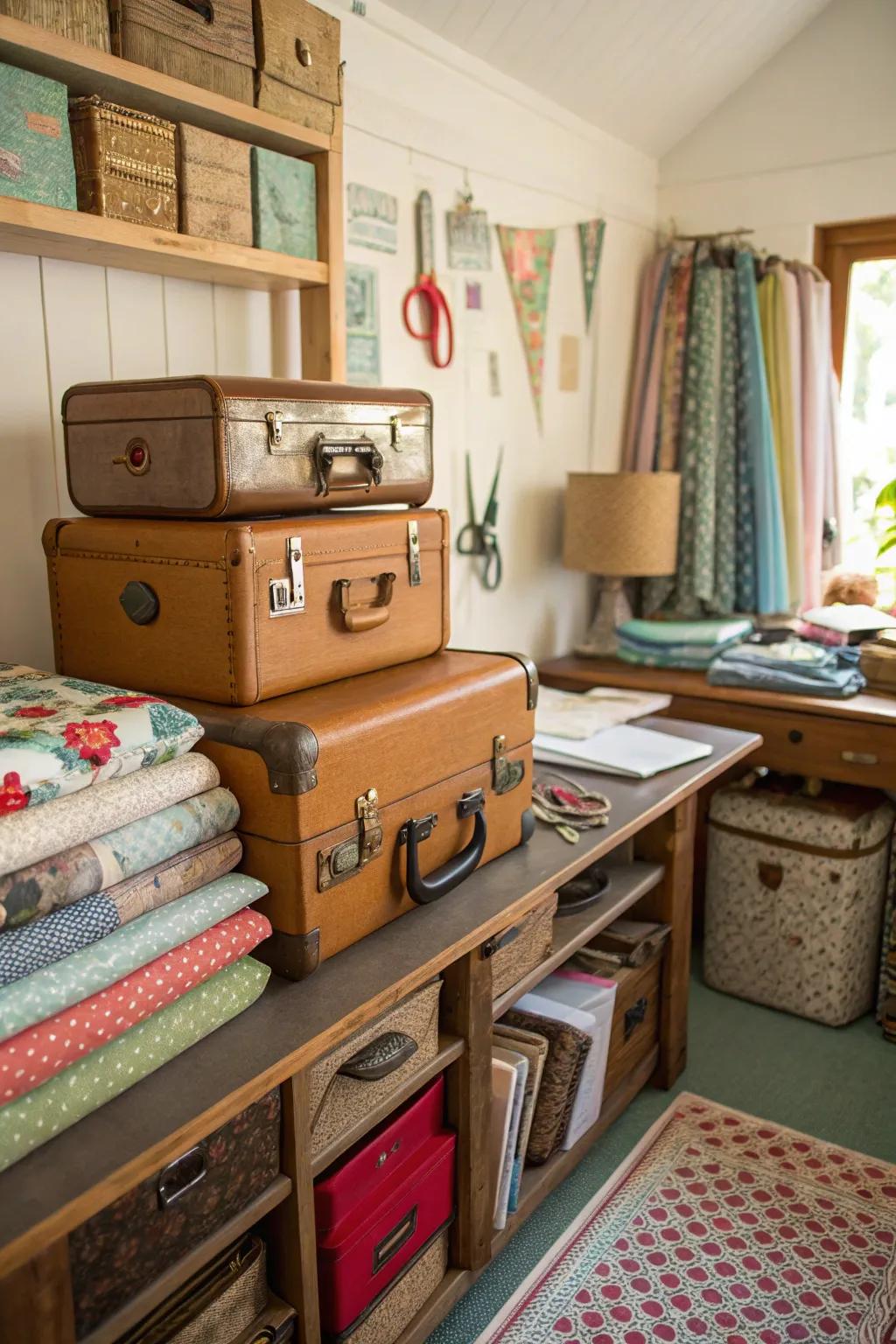 Vintage suitcases offer stylish storage solutions.