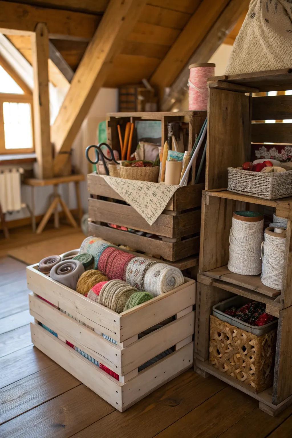 Vintage crates add rustic charm and practical storage.