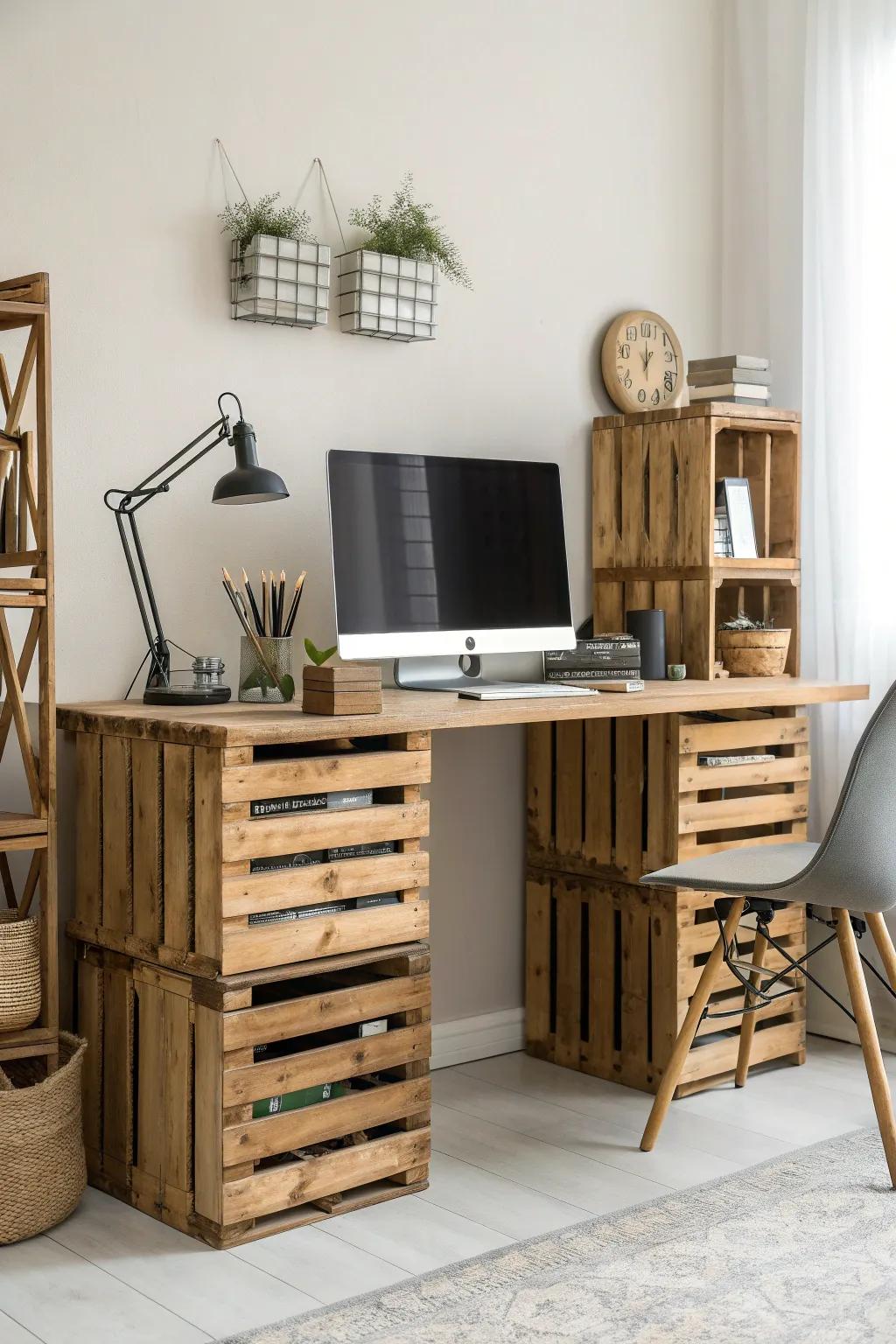 Transform your workspace with modular crate desks for a sleek and customizable setup.