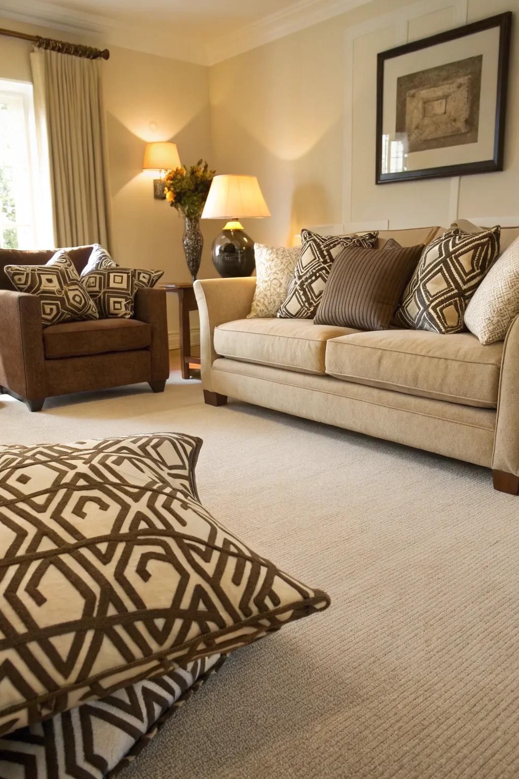 Geometric patterns add a modern twist to a cream carpeted living room.