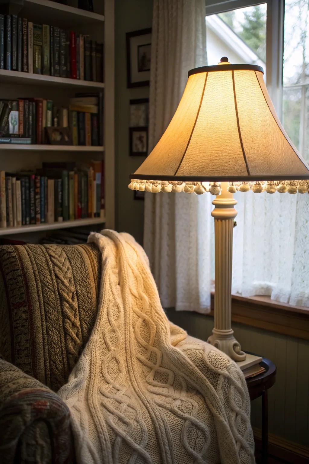 A reading nook lamp shade covered with a cozy cable-knit sweater.