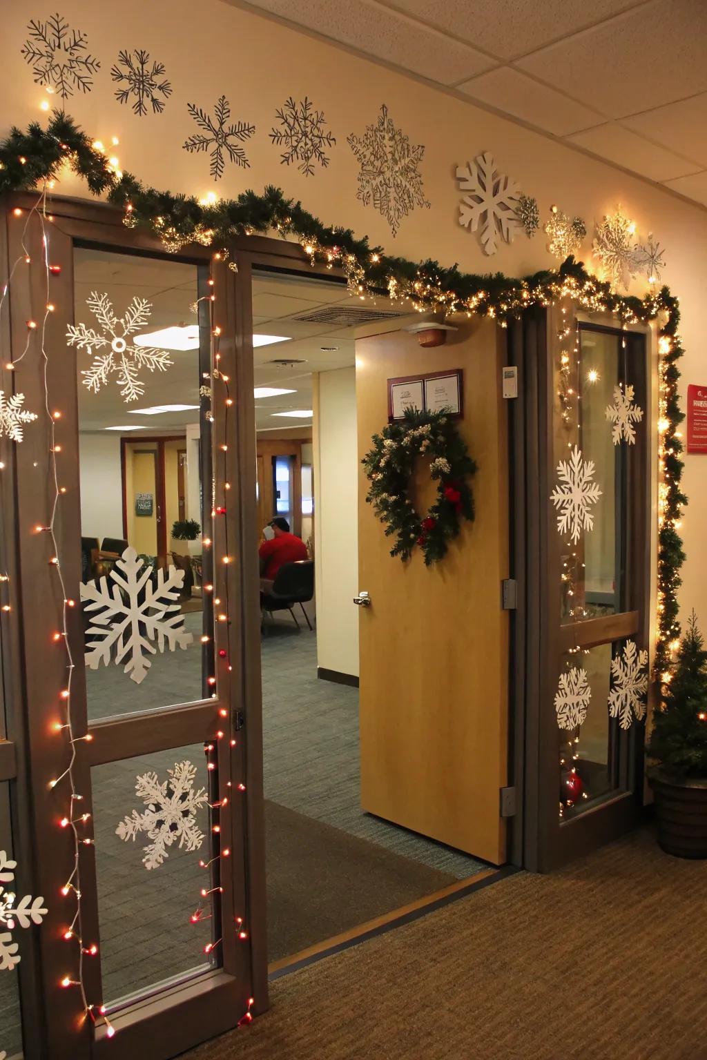 A winter wonderland entryway sets a festive tone for your office.