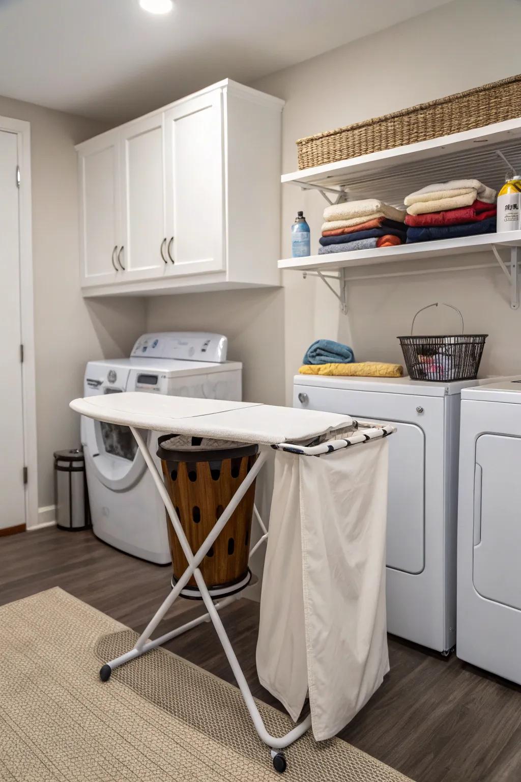 A combined hamper and ironing board offers a smart space-saving solution.