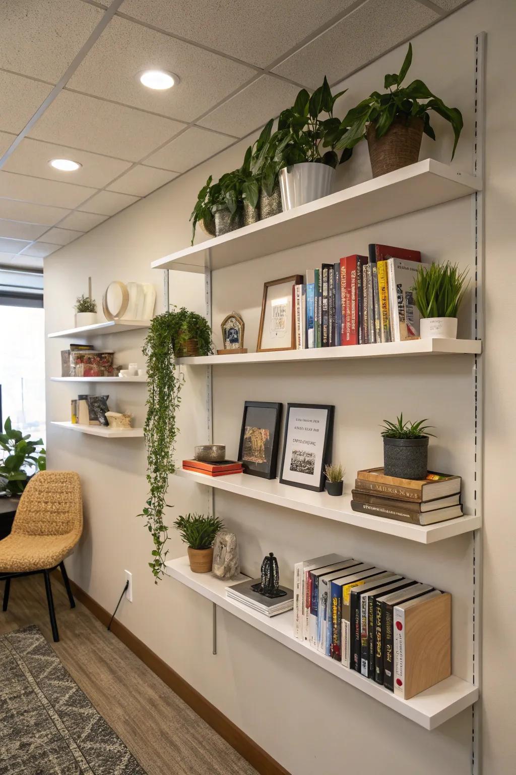 Floating shelves that provide functional storage and display in the office.