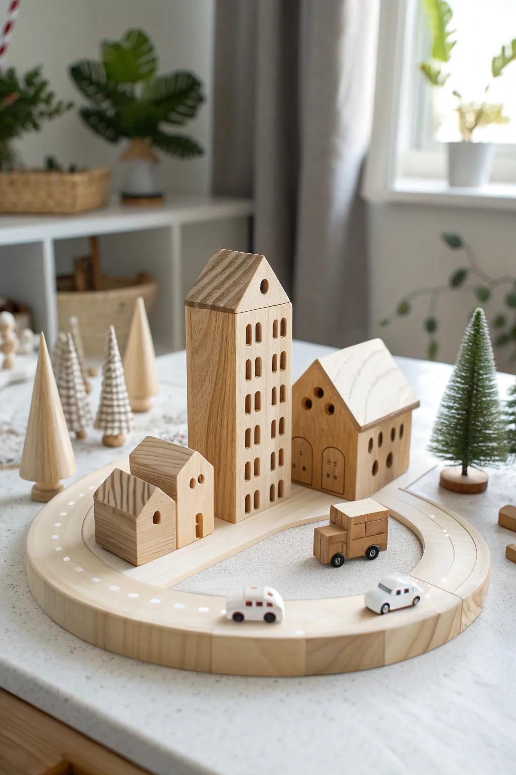 Explore endless adventures in a handcrafted wooden cityscape. Perfect for little architects and dreamers!