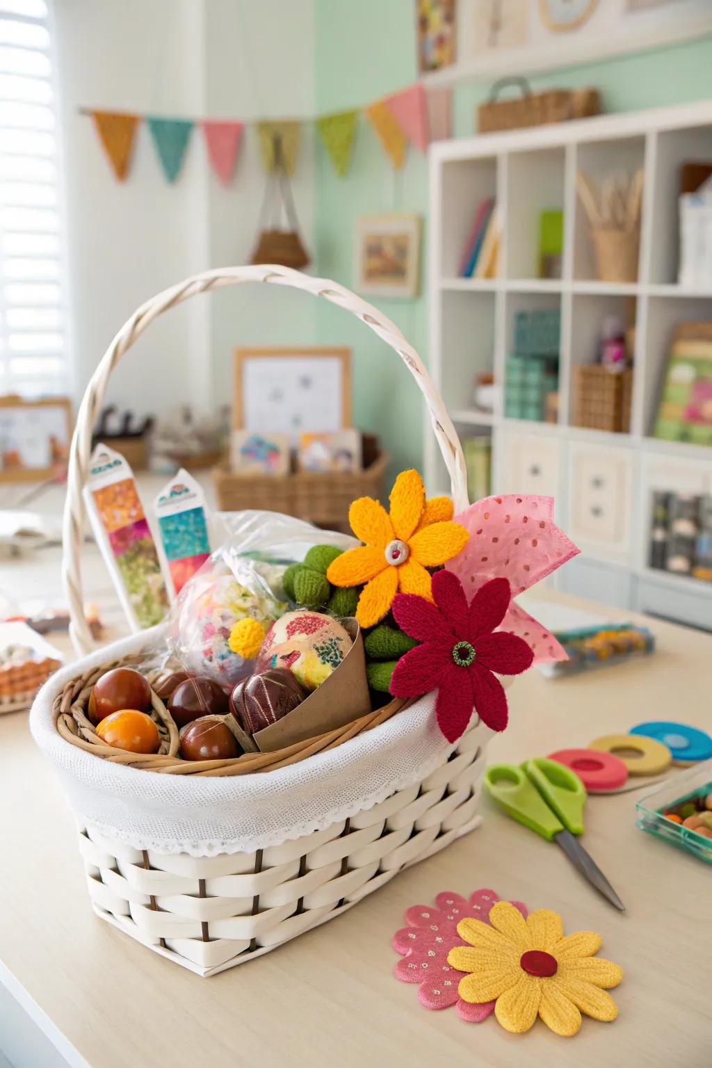 A whimsical gift basket with felt flower embellishments.