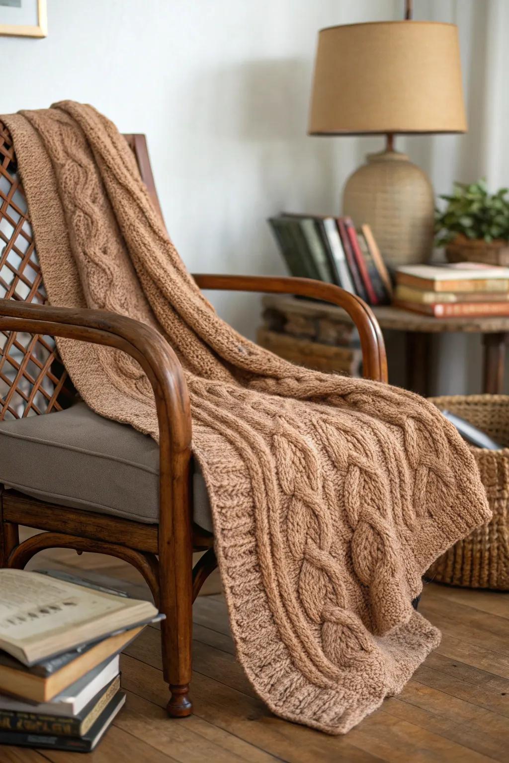 Snuggle up in style with a luxurious cable crochet throw.