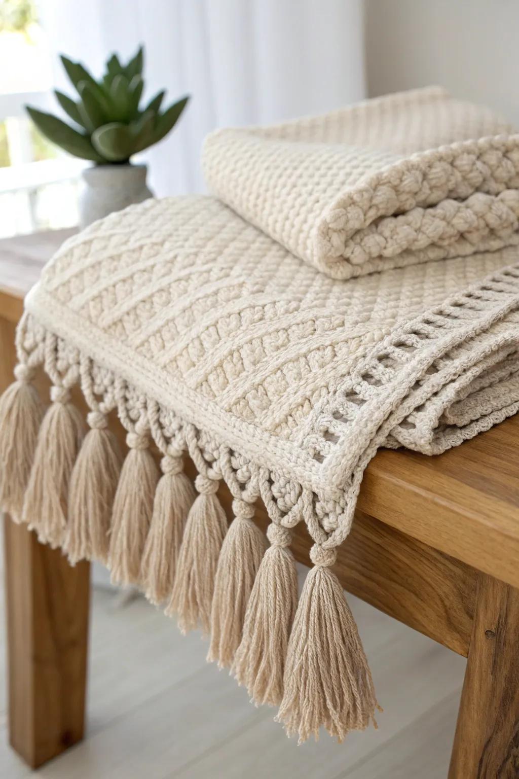 Add elegance and movement to your blanket with sophisticated tassels. Embrace the beauty of craftsmanship!