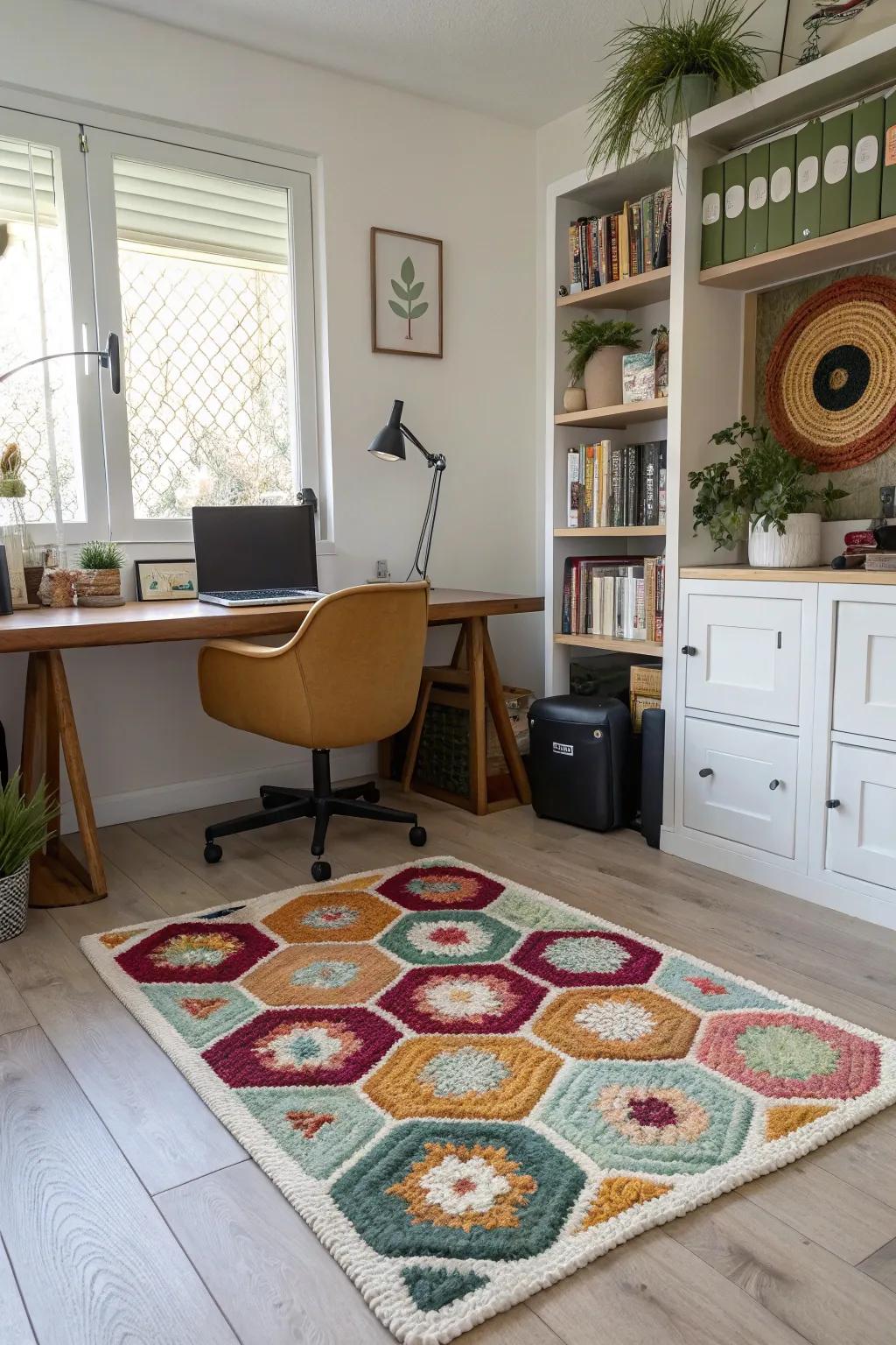 A home office with a sophisticated geometric overlay crochet rug.