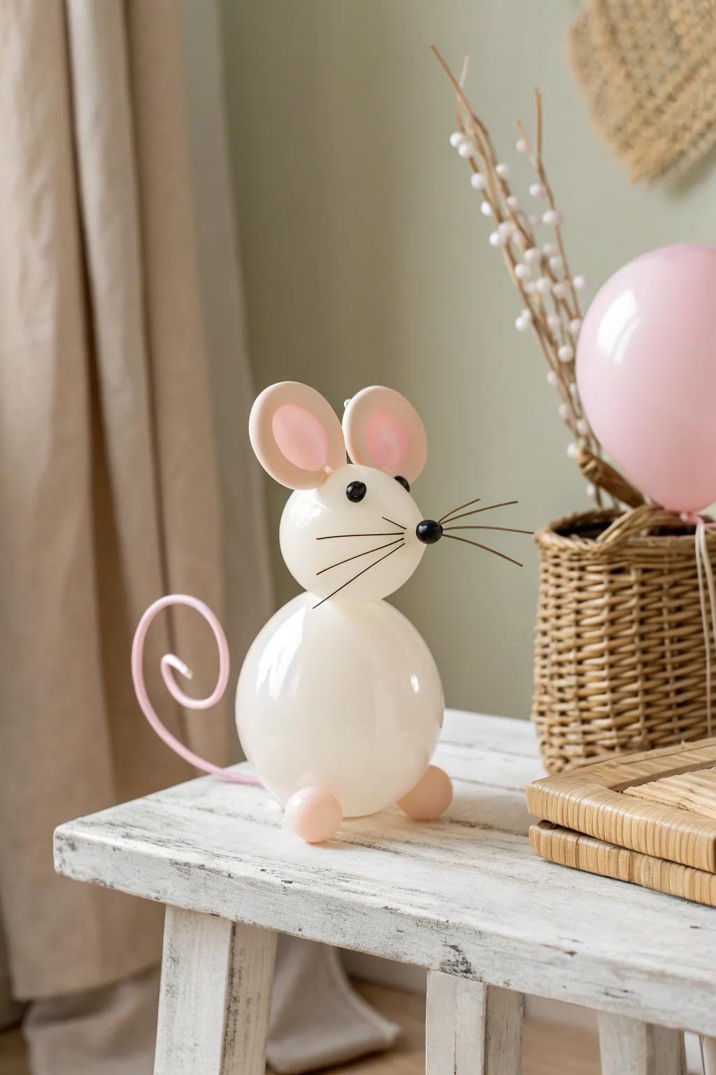 Charming whimsy meets minimalist elegance with this delightful balloon mouse creation.