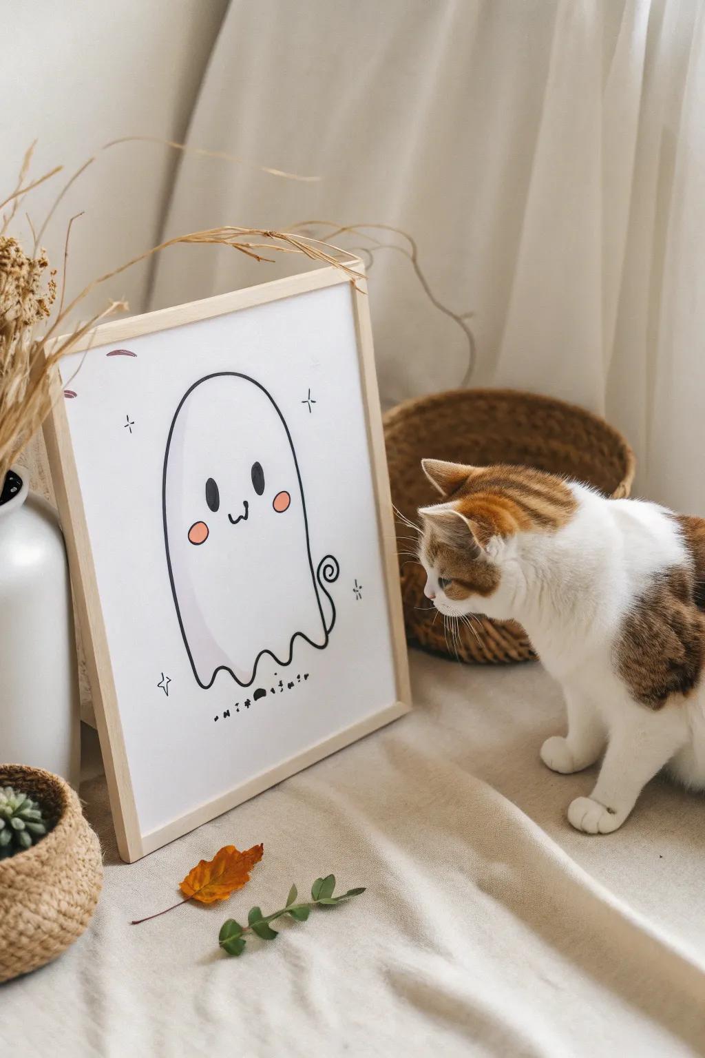 Even ghosts love a furry friend! Embrace the charm of simplicity with this adorable ghost and cat duo.