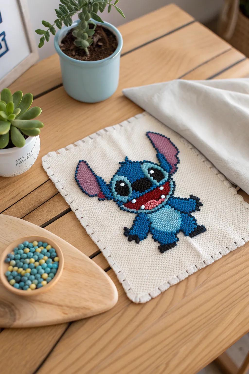 Add a dash of whimsy to your day with Stitch's cheeky grin in perler beads!