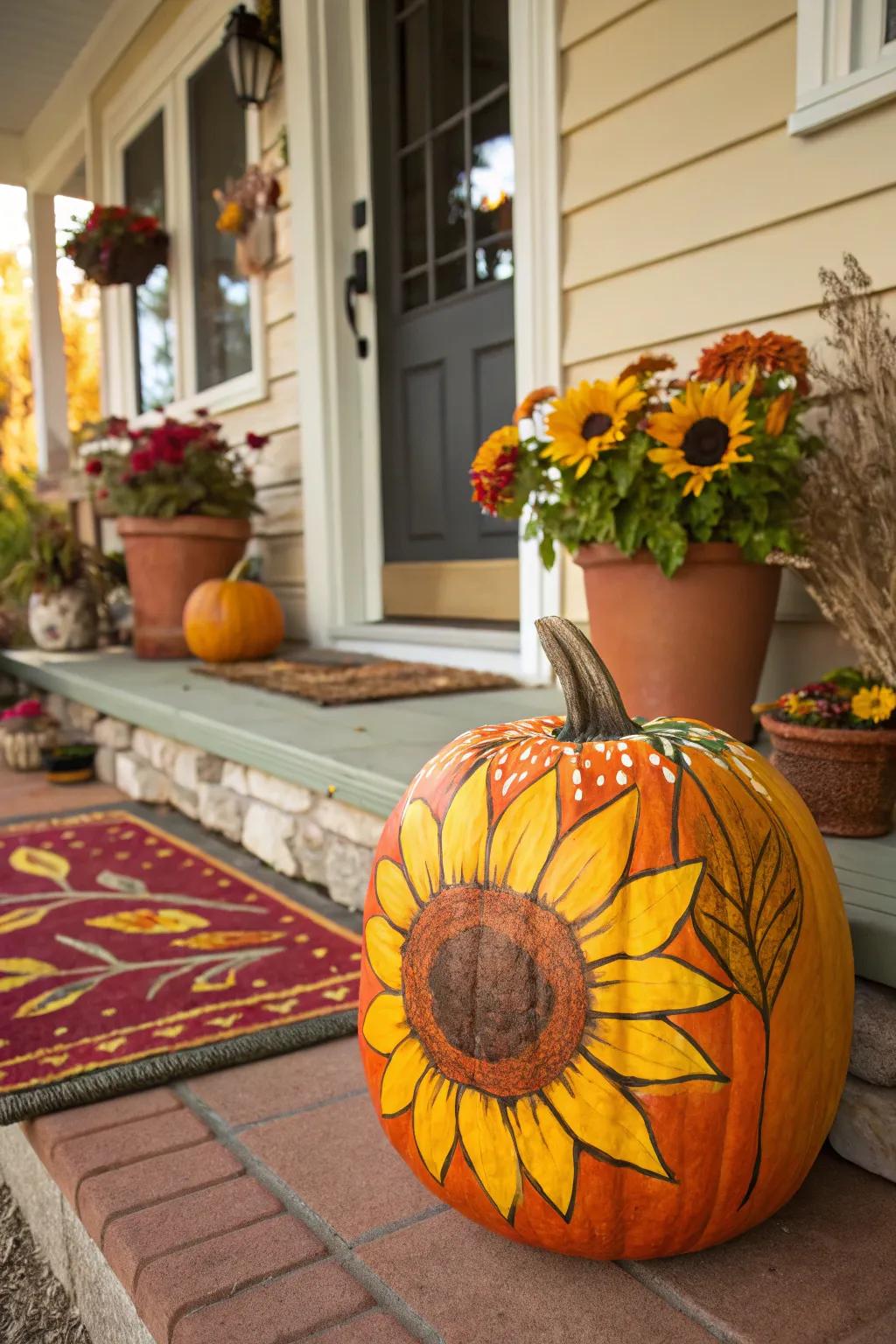 A sunflower pumpkin brings cheerful vibes to autumn decor.