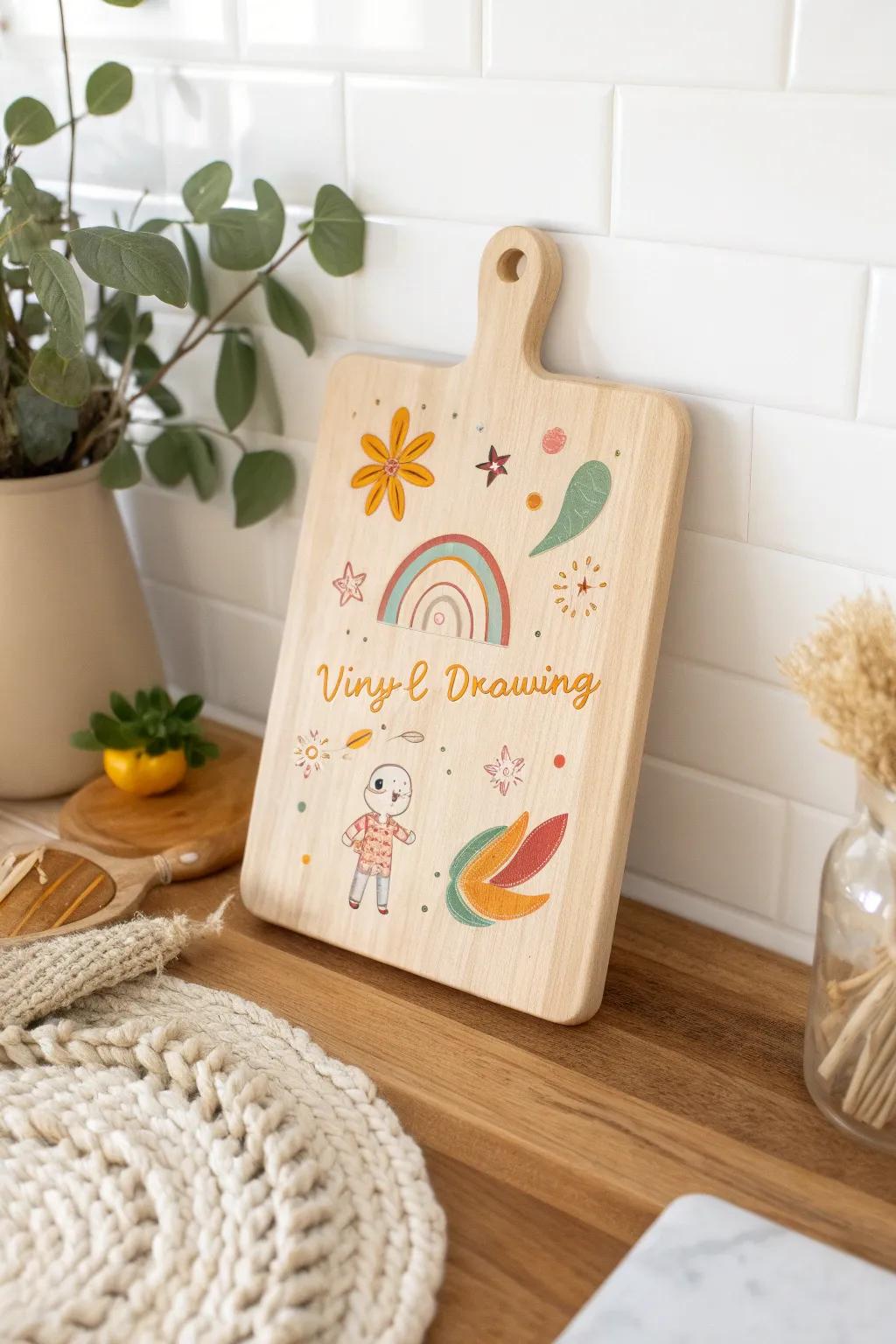 Turn your little one's art into kitchen joy with this delightful vinyl cutting board!