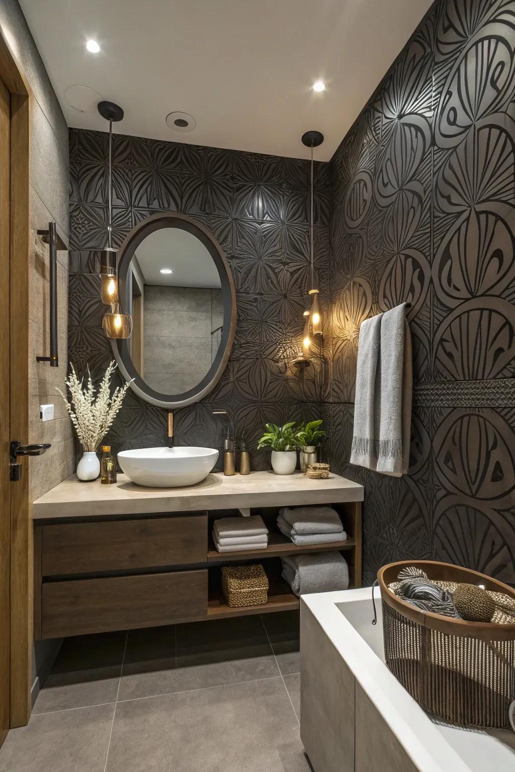 Abstract dark wallpaper adds creativity and inspiration to bathroom design.