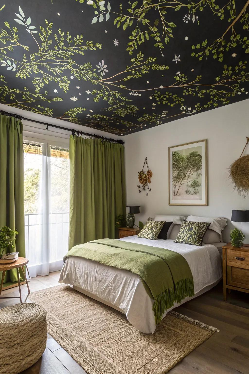 A bedroom with a nature-inspired black ceiling, complemented by olive green decor.