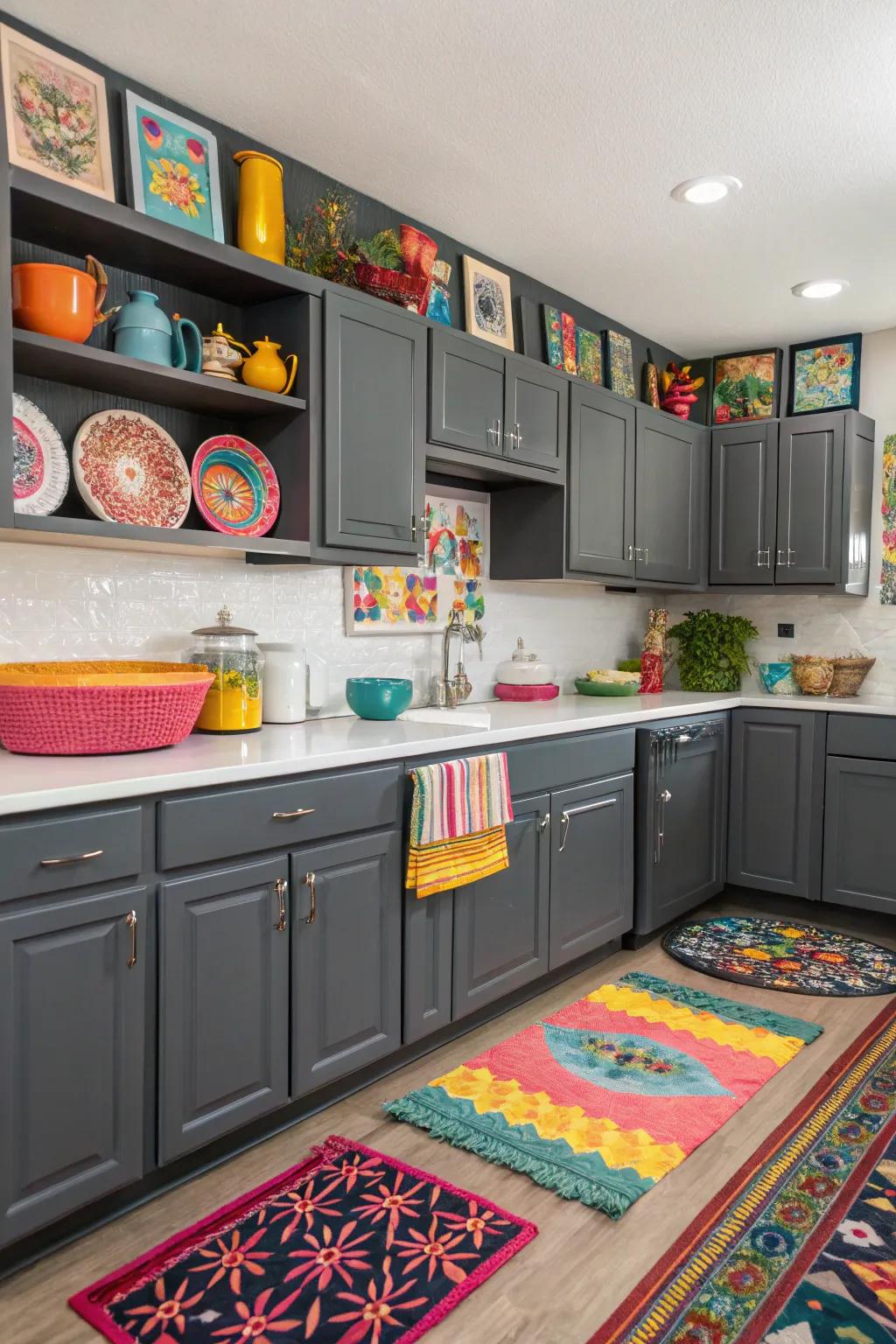 Pops of color in decor make dark gray cabinets vibrant.