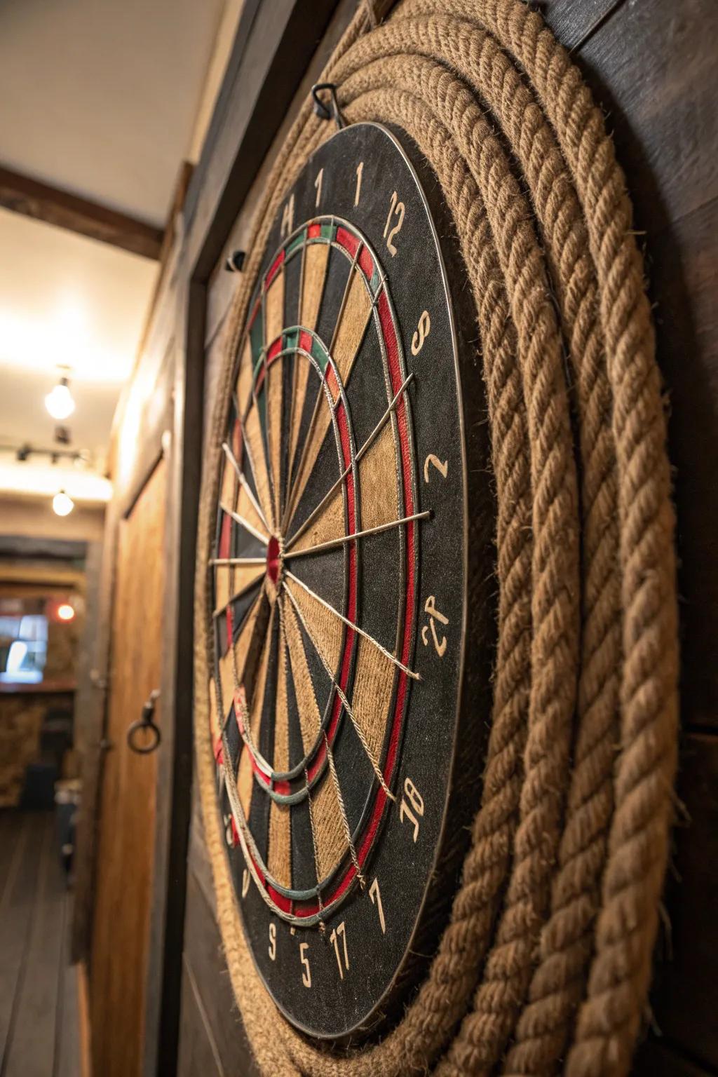 Elevate your game room with this rustic rope spiral dartboard protector, blending style with functionality.