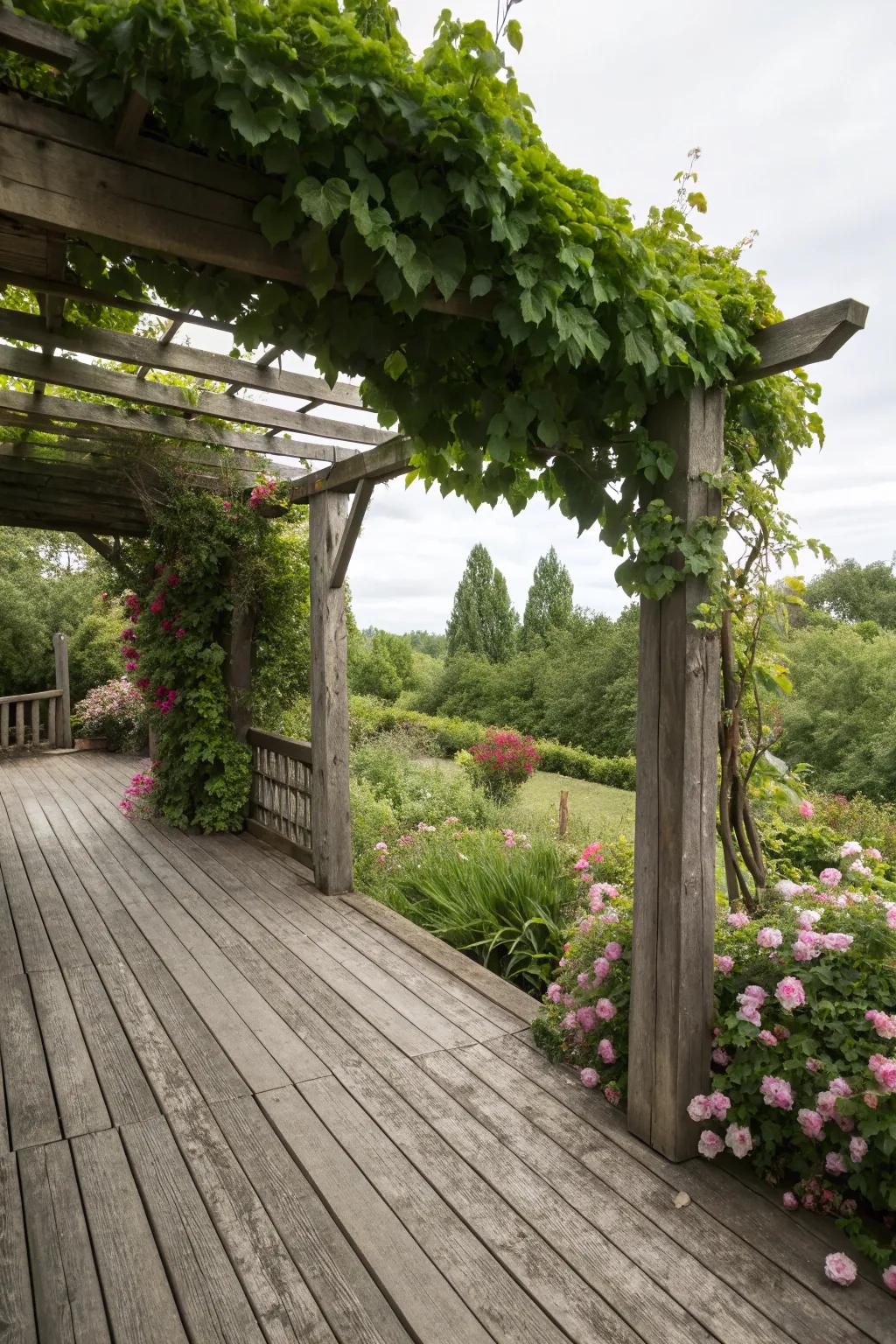 A wooden trellis supports climbing vines, creating a natural privacy solution on this deck.