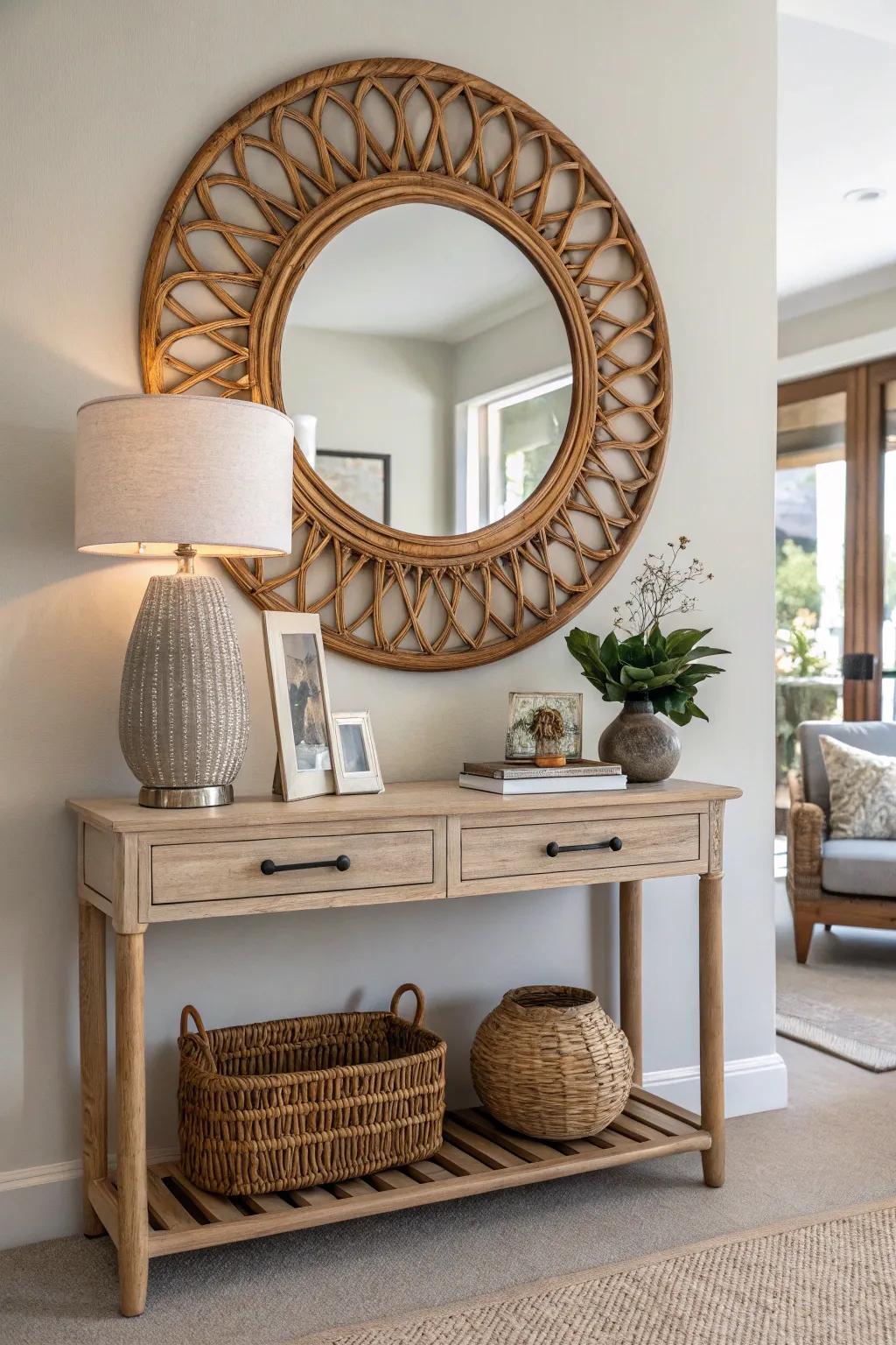 A rattan mirror adds warmth and texture.