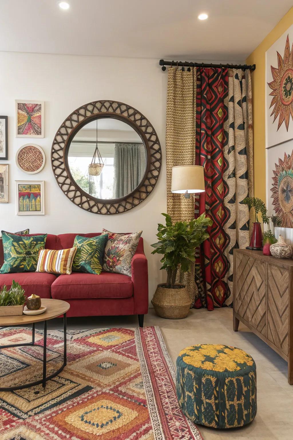 A round mirror balancing bold patterns in an eclectic living room.