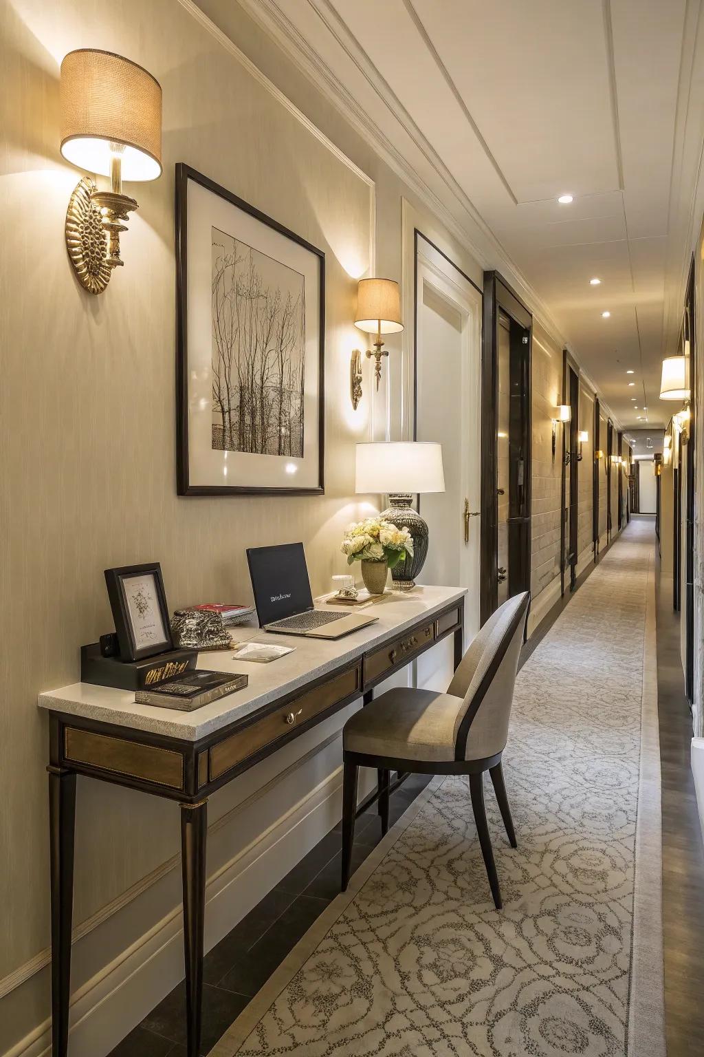 A functional desk making use of hallway space.