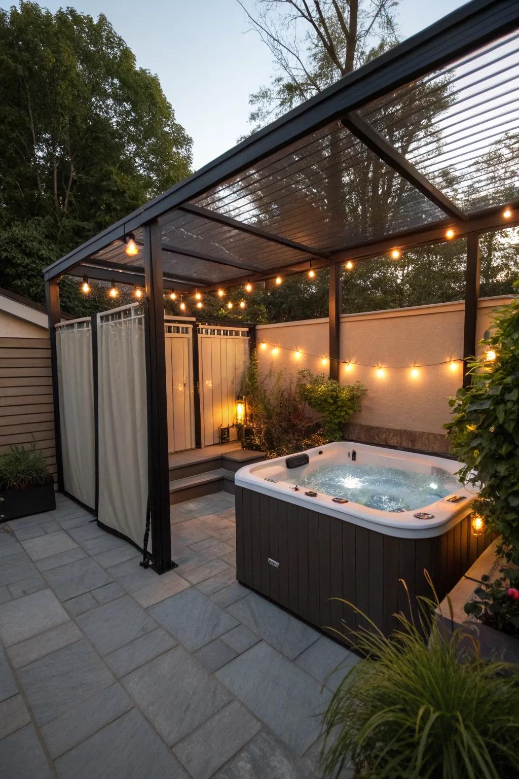 A hot tub adds luxury to the patio experience.