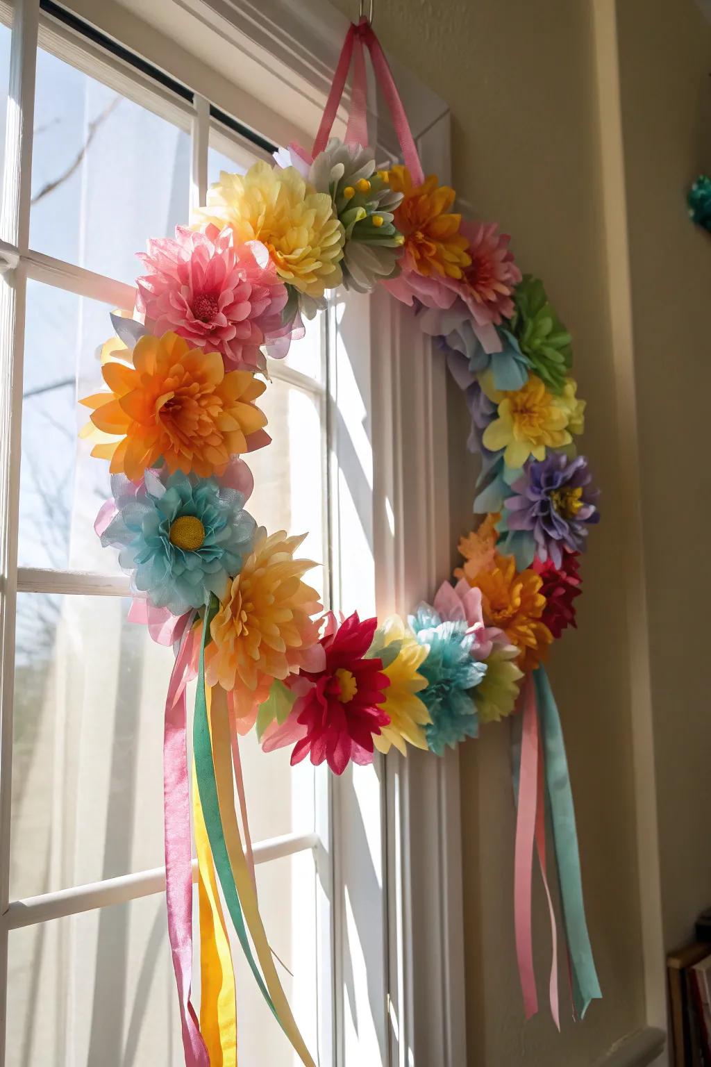 Light and charming, a tissue paper flower and ribbon wreath.