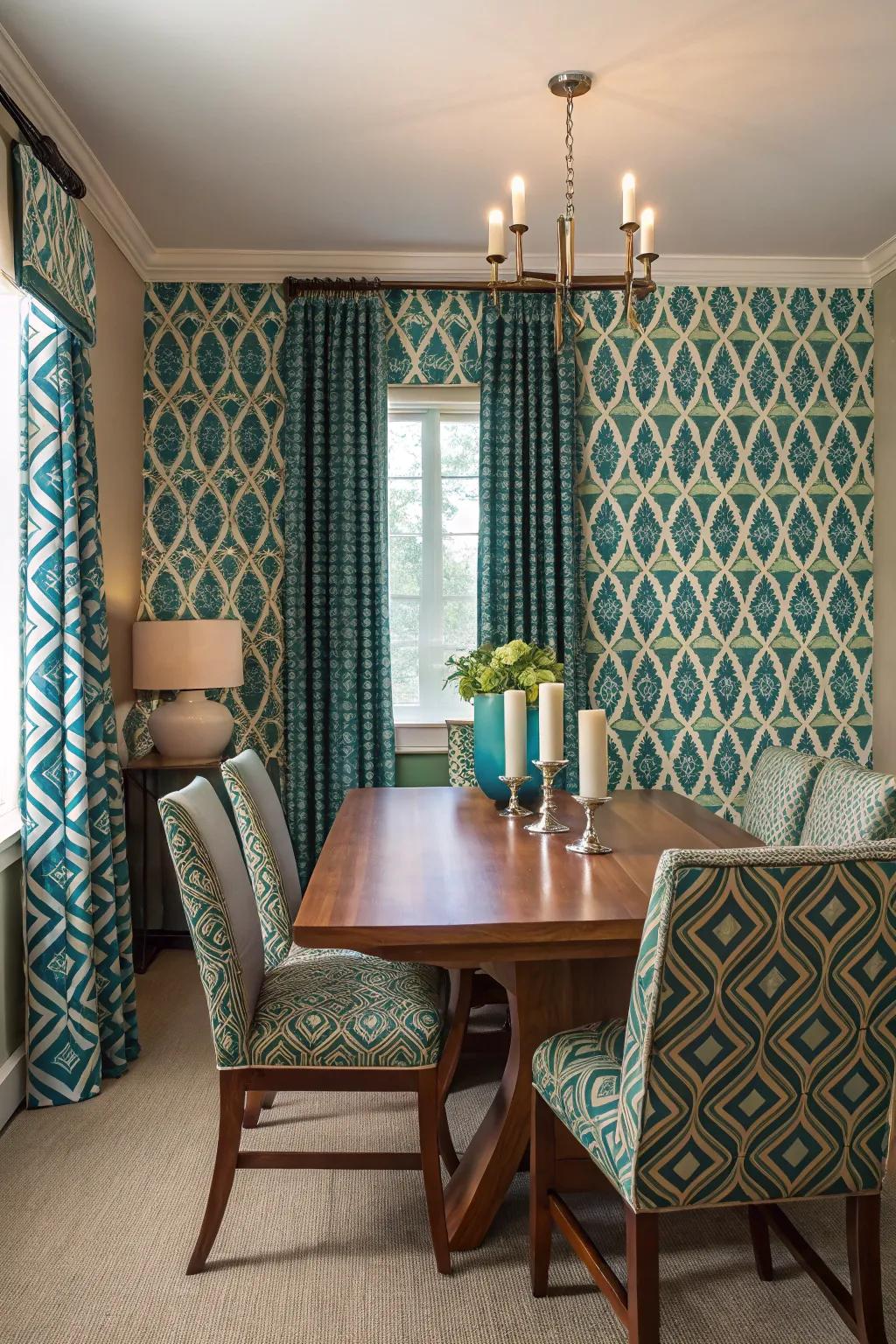 Bold patterns bring drama and personality to the dining room.