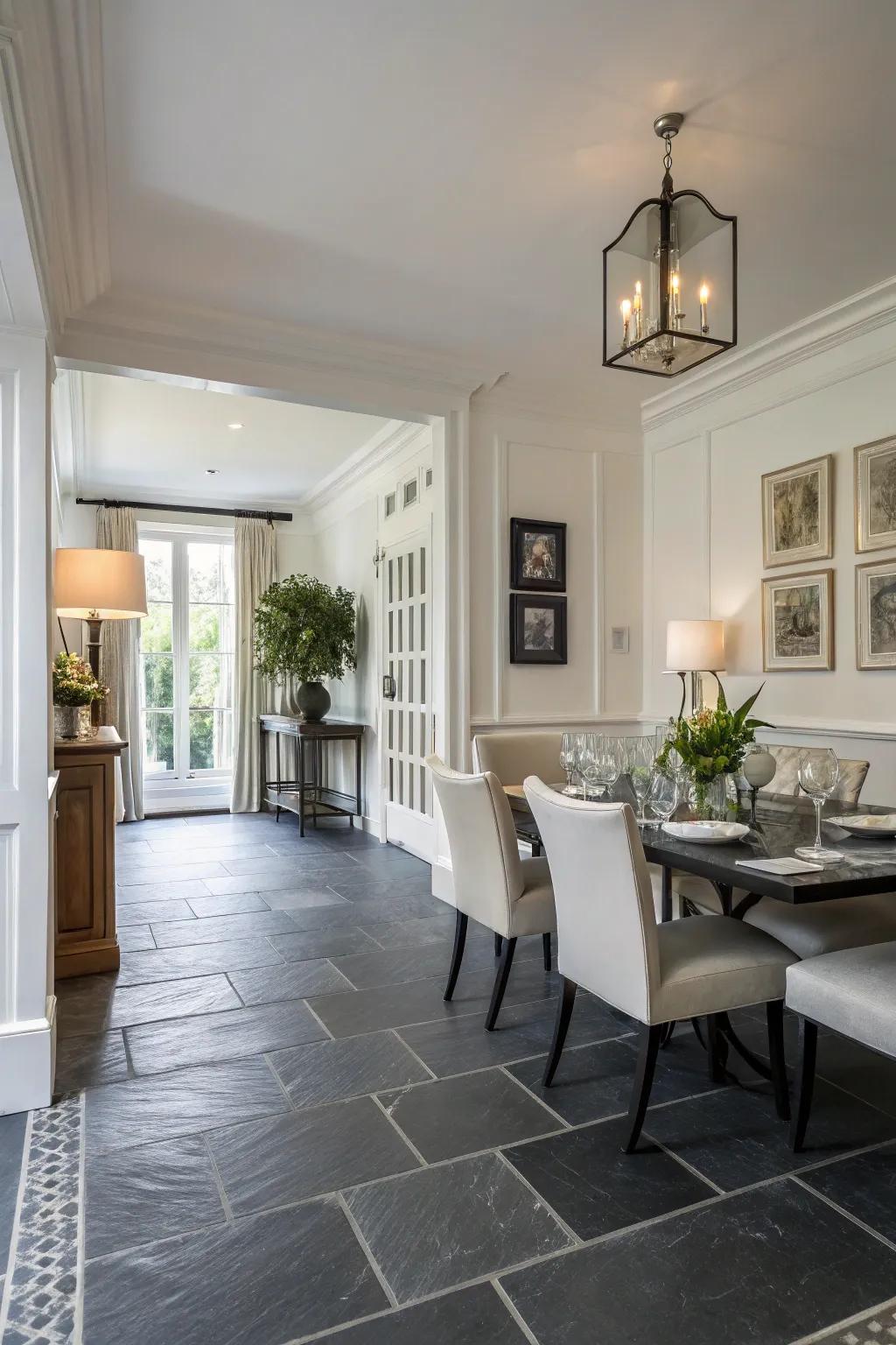 A sophisticated dining room with slate and white tones.