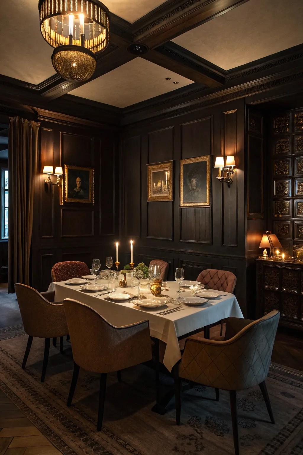 Dark panels add mystery and drama to this dining space.