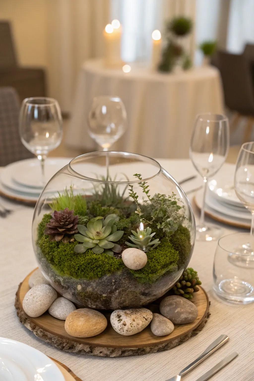 A charming centerpiece featuring a glass terrarium filled with moss, stones, and miniature plants.