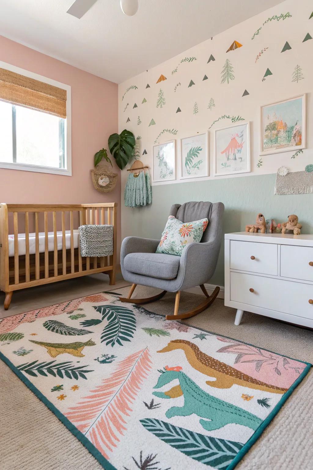 Mid-century modern meets playful dinosaurs in this chic nursery.