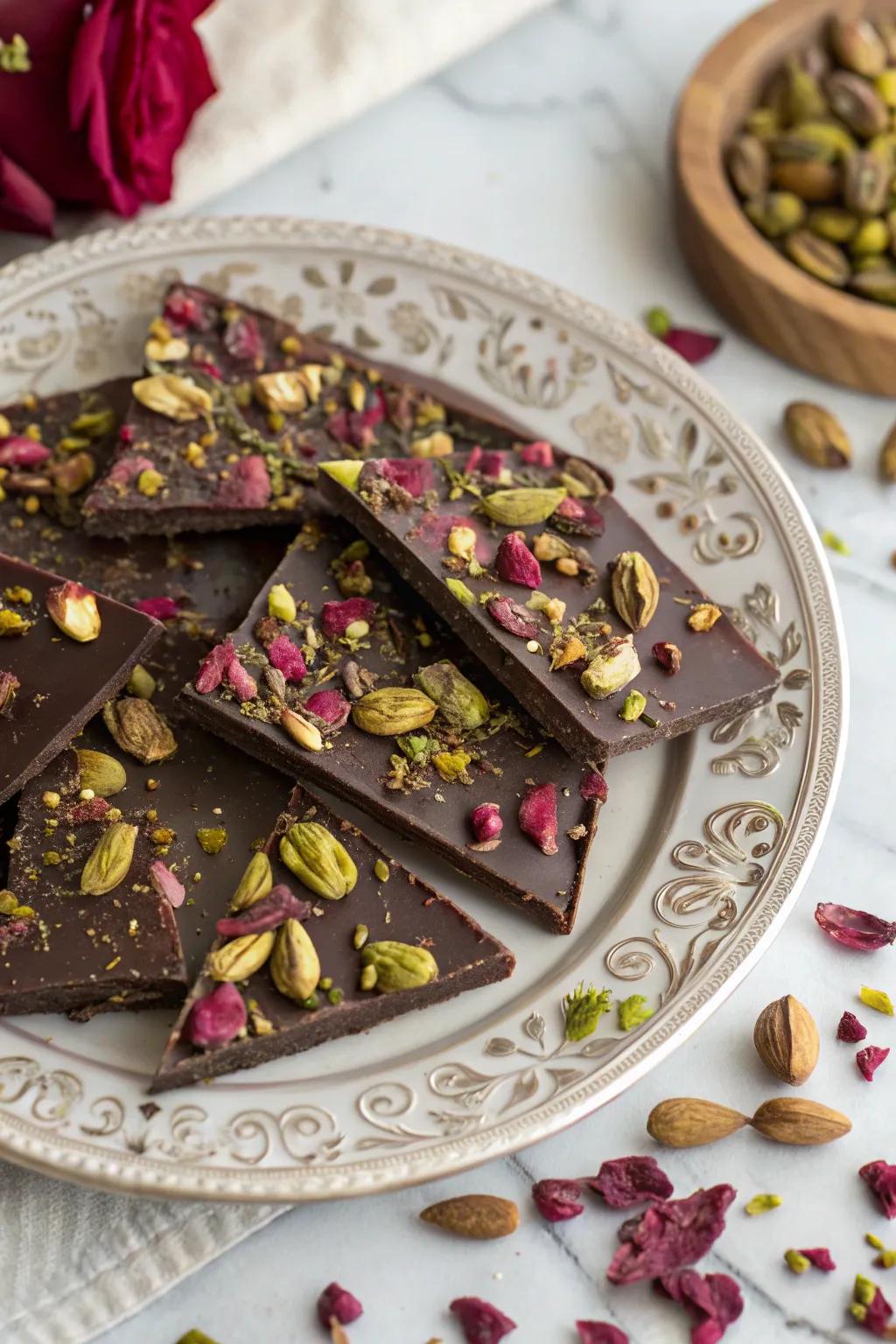 Indulge in a homemade treat with pistachio rose chocolate bark.