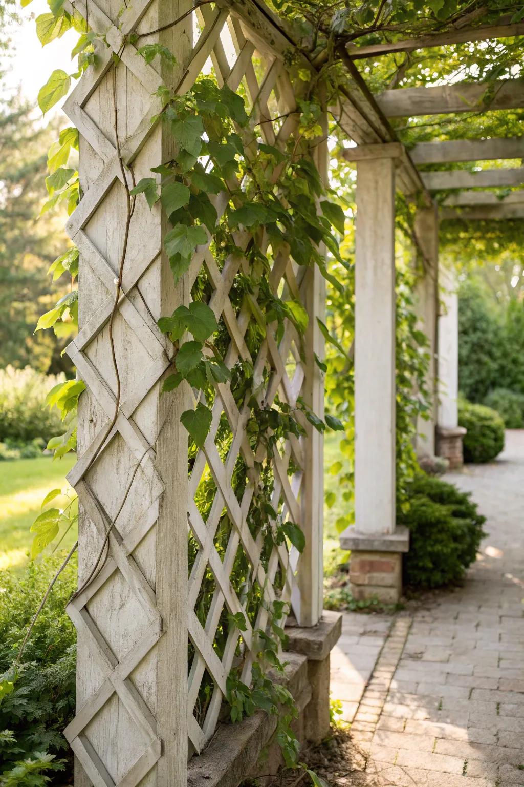 Chevron trellises add a modern design element to traditional garden spaces.