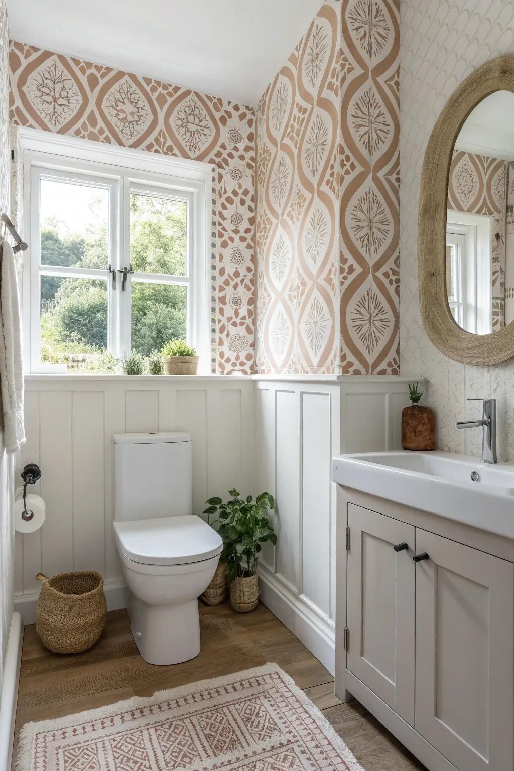 Transform your bathroom into a serene escape with a stunning feature wall that combines Scandinavian minimalism with Boho charm.