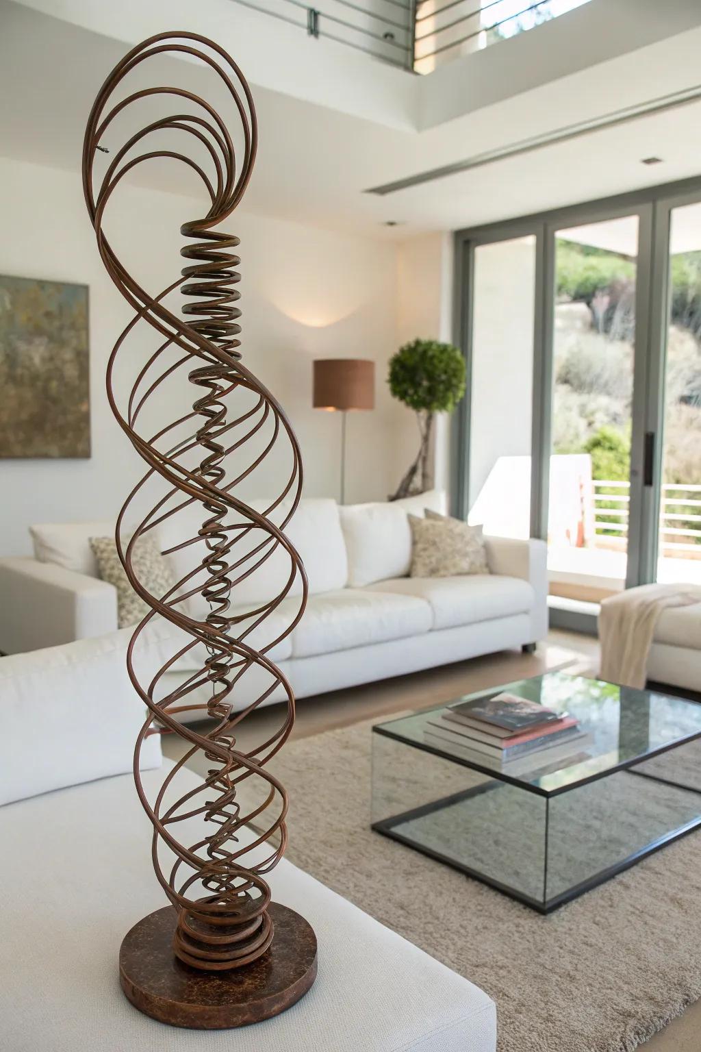 A unique art piece crafted from twisted bed springs, adding character to any space.